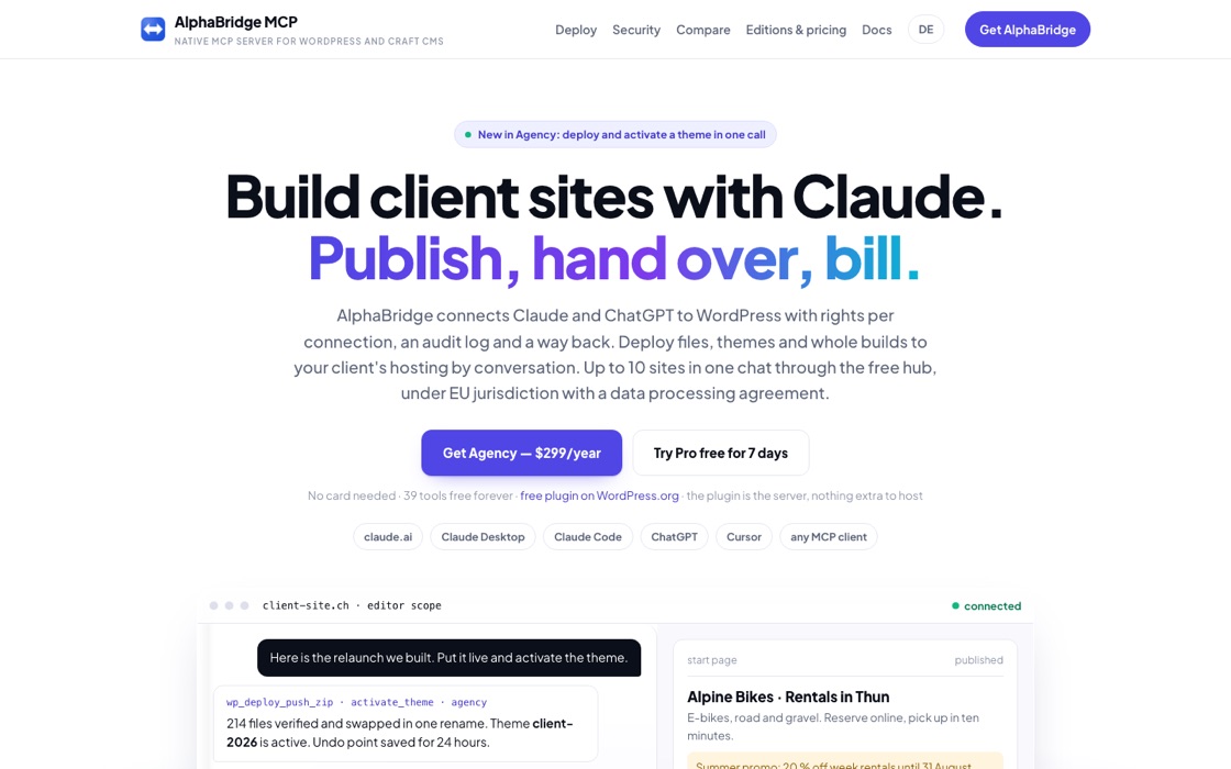 Home page of alphabridge-mcp.com with an example session