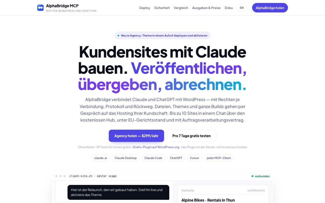 Startseite von alphabridge-mcp.com mit einer Beispielsitzung